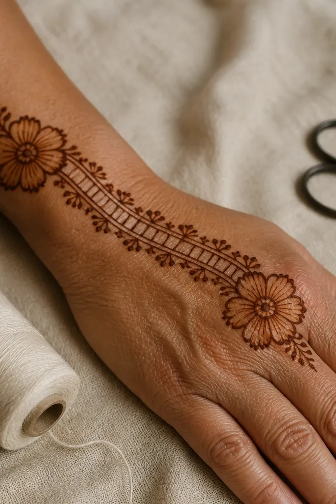Two floral blooms connected by a ladder-like border on the back of the hand