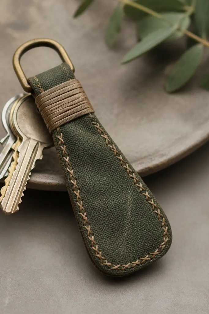 A hand-sewn waxed canvas key fob in deep olive with a tan cross-stitch border, a small brass D-ring at the top, and a neatly wrapped strap loop holding a set of keys.