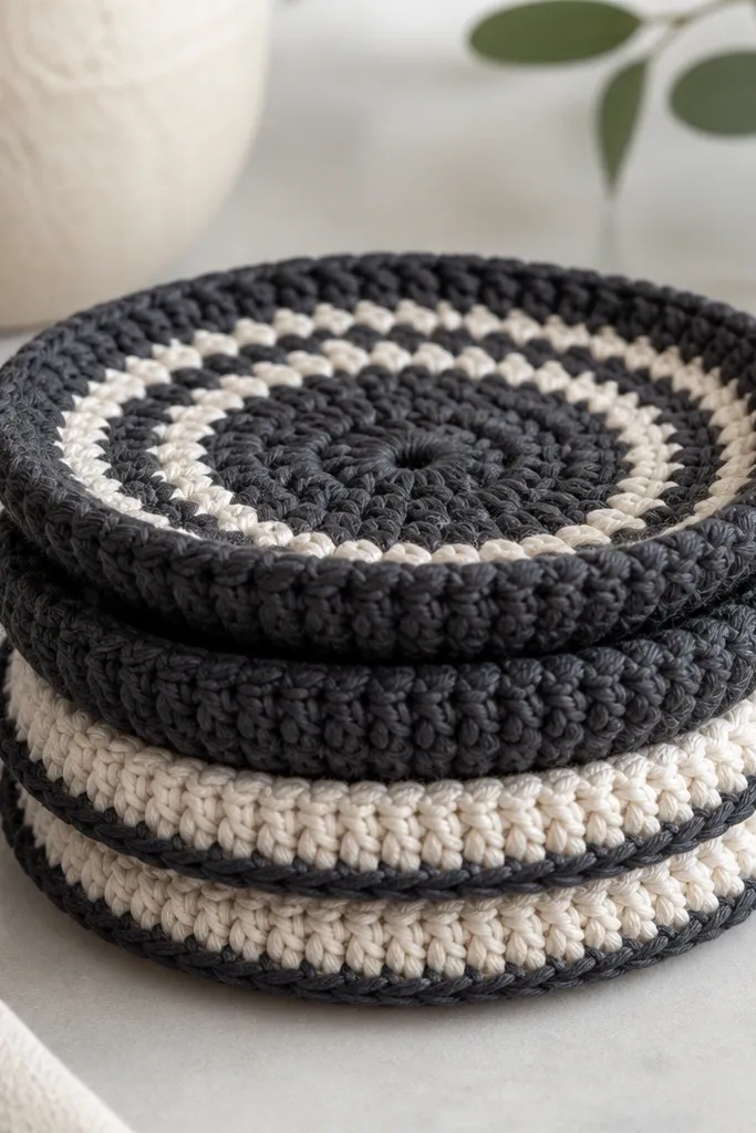 Four crocheted coasters stacked, made from cotton yarn: two in charcoal with cream stripes and two in cream with charcoal edging, each coaster has a slightly raised textured rim.