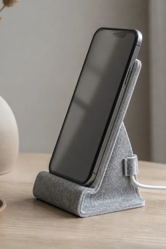 A grey wool-felt phone stand with a 45-degree angle fold, a small stitched cable clip on the side, and a clean, rounded base edge.