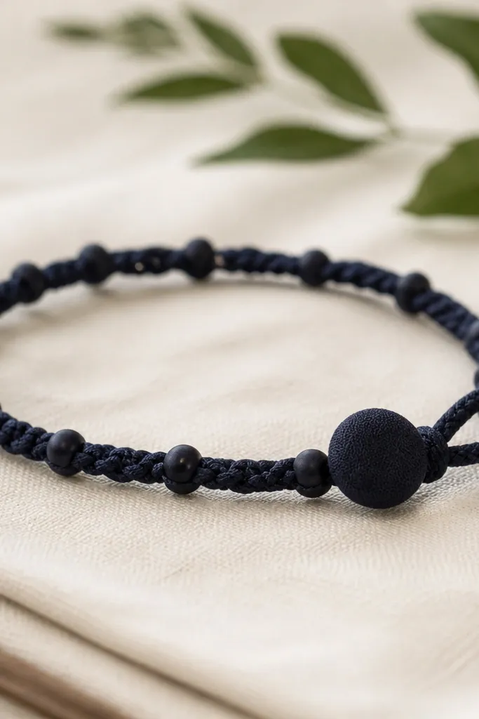 A knitted bracelet in dark navy with small matte beads spaced evenly, finished with a fabric button closure and a short loop strap.