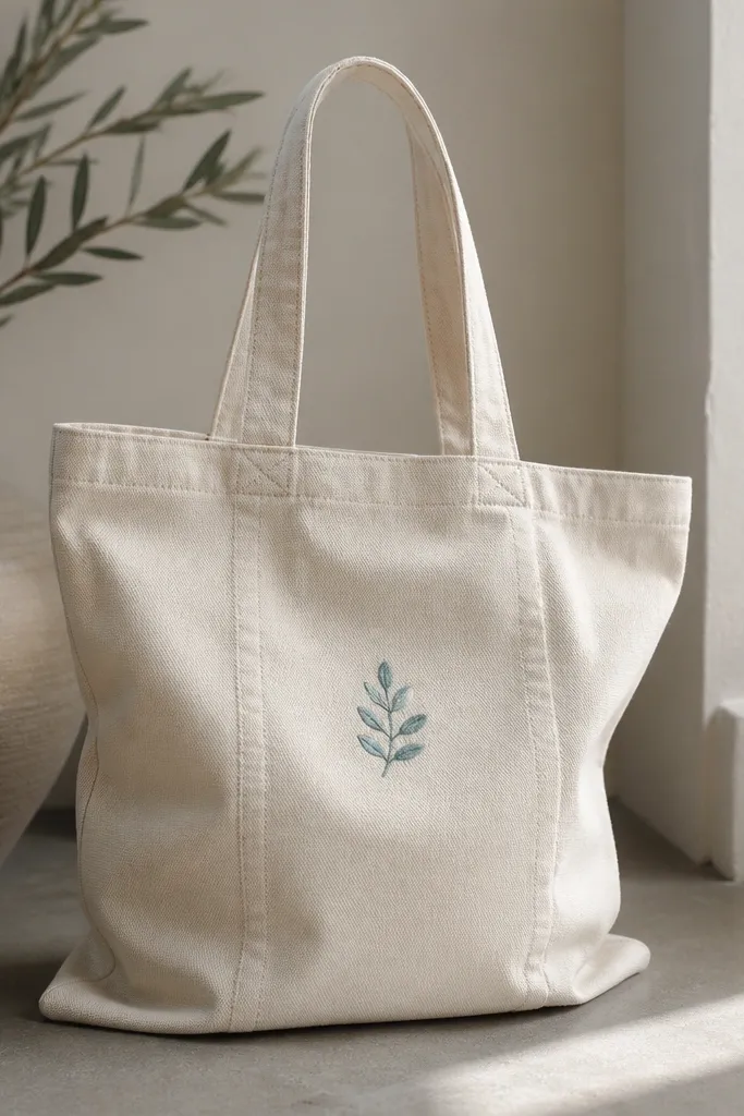 A plain off-white cotton tote with a small embroidered logo-like design in muted teal on the front pocket area, with reinforced handles and clean stitching.