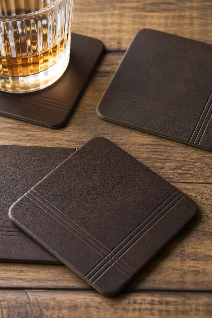 Four square leatherette coasters in dark brown with subtle heat-stamped parallel lines and a small round corner radius, photographed on a wooden table.
