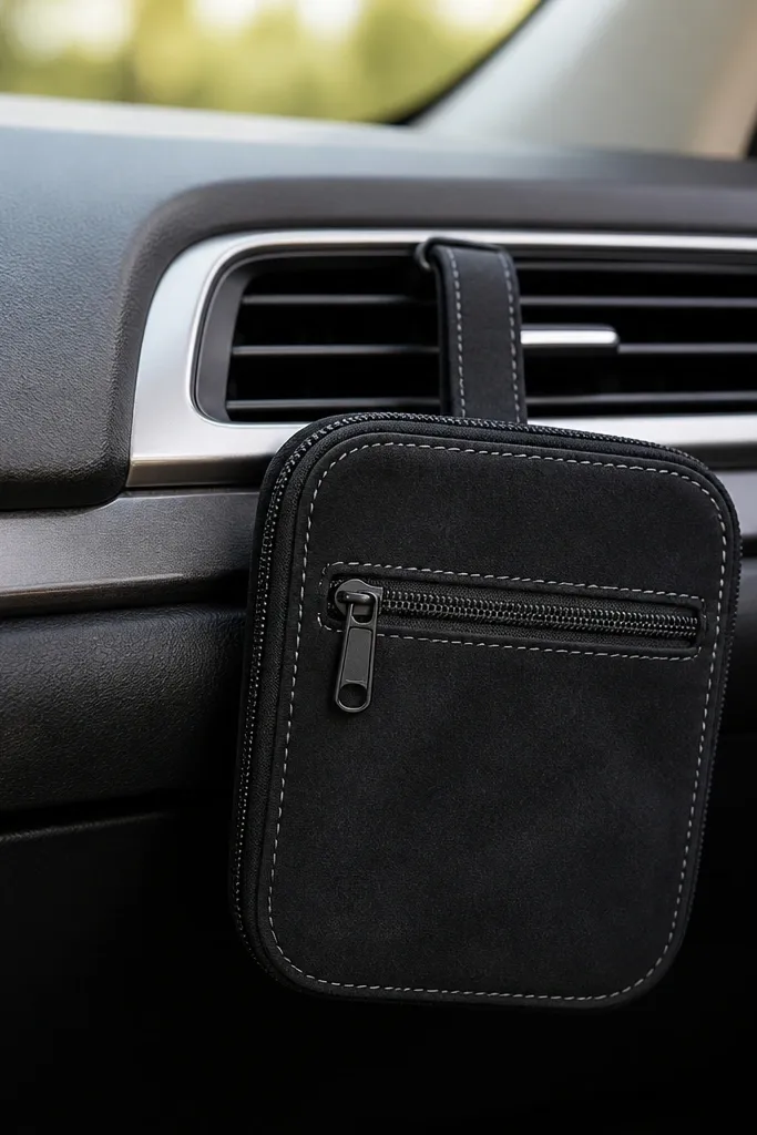 A small black microfiber pouch with a strap that hooks over a car vent, stitched with grey thread and a visible zipper pocket on the front.