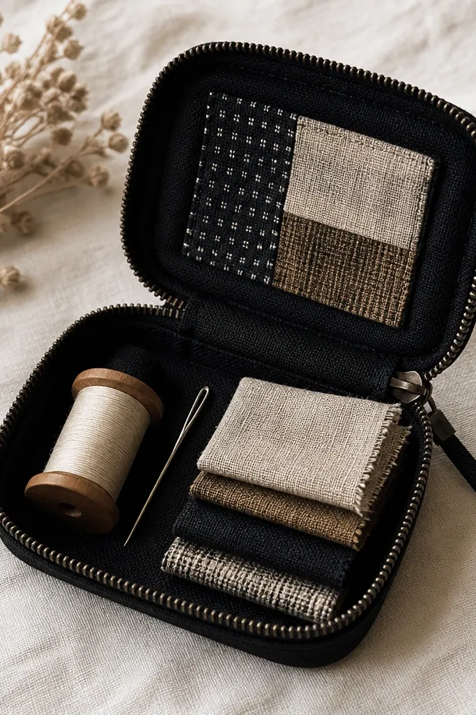 A mini black zipper pouch with a patchwork label inside, holding a small spool of thread, a darning needle, and folded fabric swatches neatly.