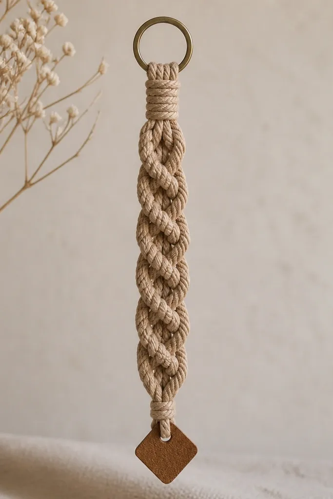A tan macrame keychain bookmark with a braided knot section and a small leather tag at the end, hanging against a neutral background.