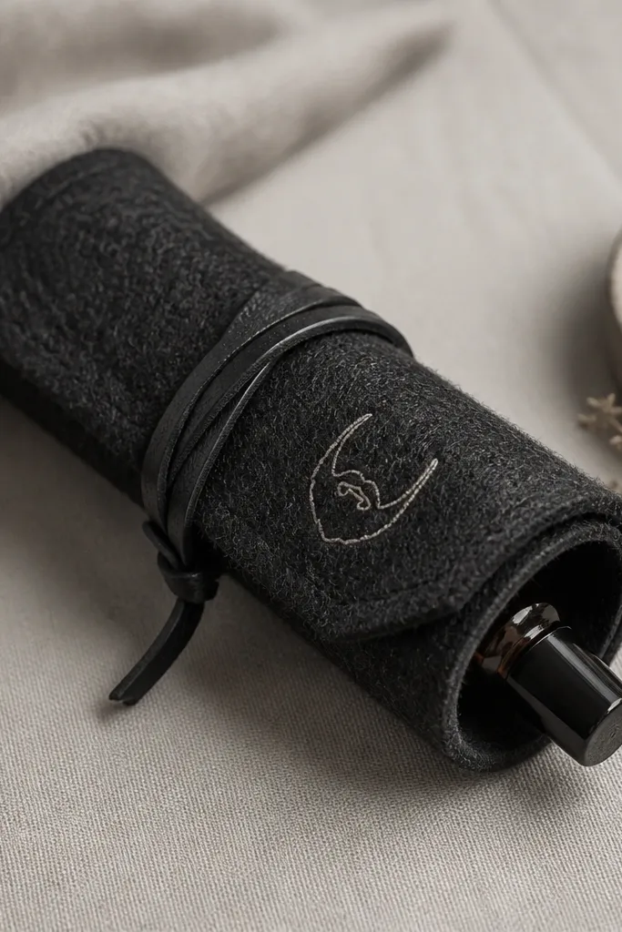 A rolled felt case in charcoal with embroidered small line art of a beard, secured with a wrap tie and a visible roll-on bottle inside.