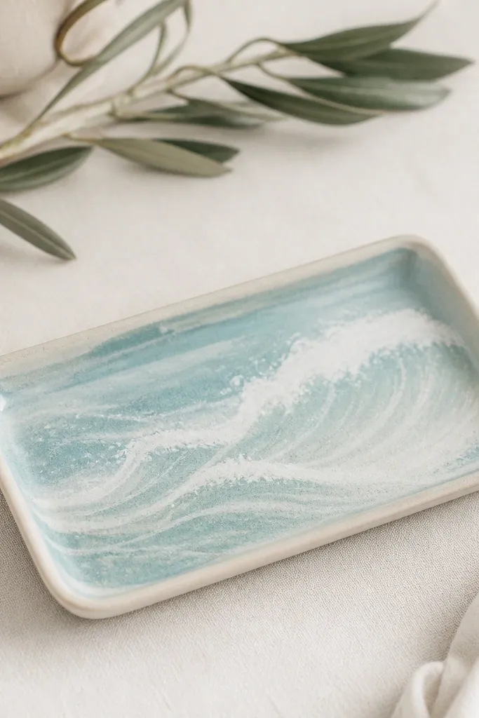 A small rectangular ceramic tray with a painted wave pattern in seafoam and white, with slight brush texture and a matte clear coat look.
