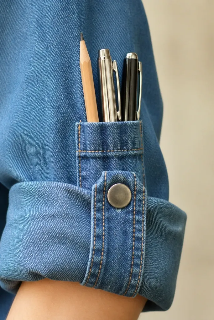 A rolled denim sleeve in medium blue with a stitched seam and a small metal snap, holding two pens and a pencil inside.