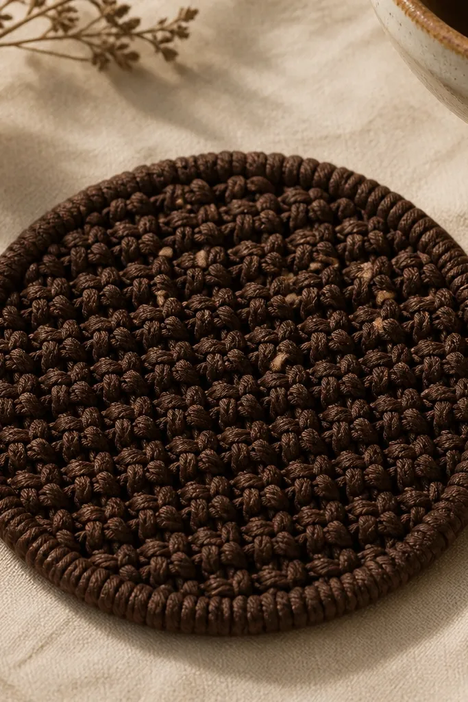 A round macrame coaster in dark brown with a tight square knot grid, flat and dense, photographed under warm light.