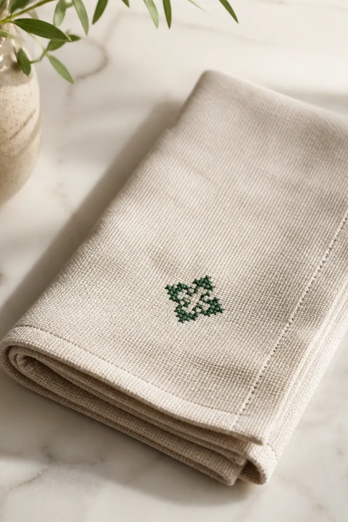 A folded linen hand towel in natural beige with a small cross-stitched emblem in dark green and a neatly hemmed edge.
