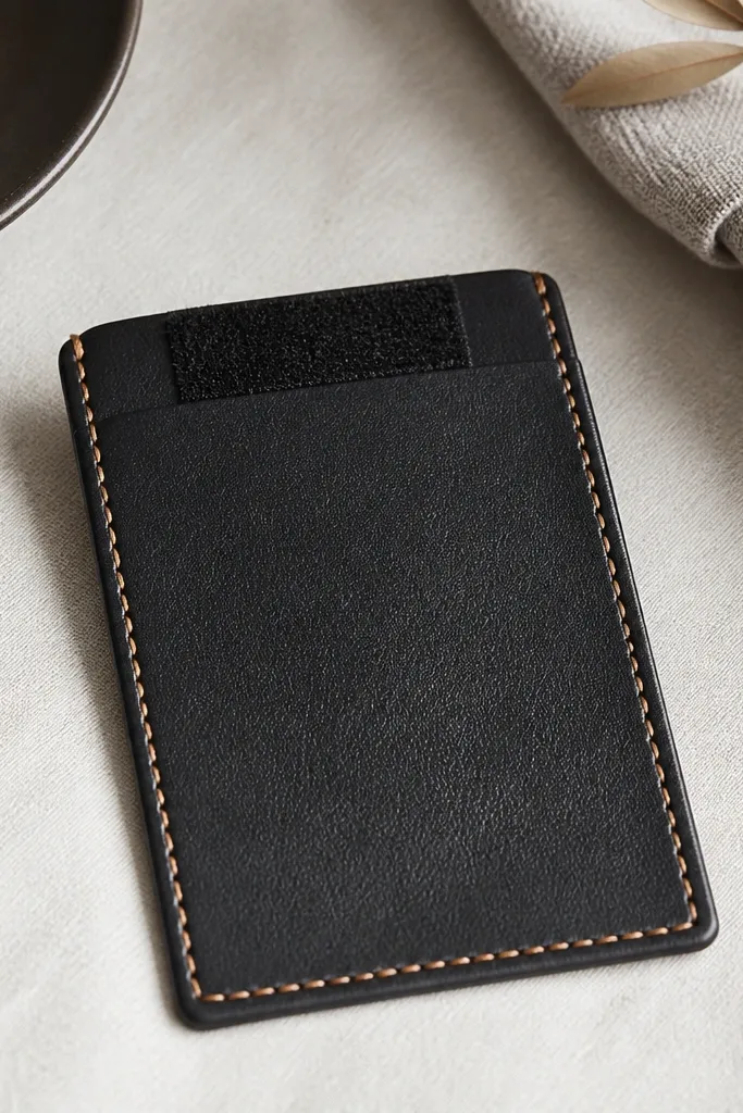 A slim faux-leather card holder in black with a small Velcro strip at the top edge and visible edge stitching in tan thread.