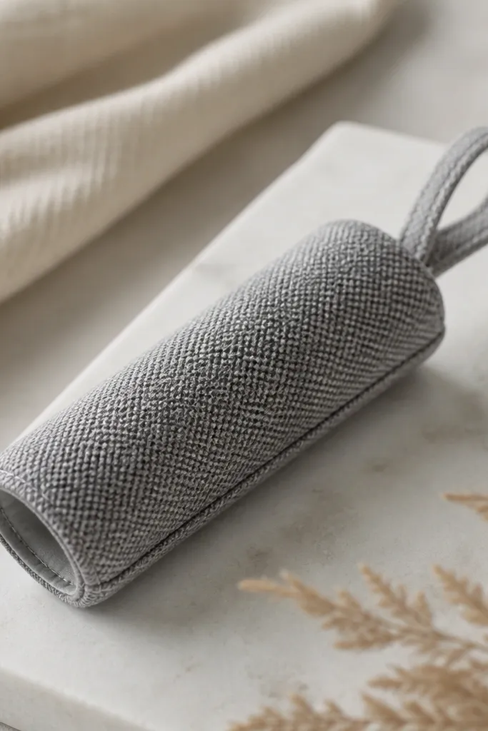 A small reusable lint roller sleeve made from grey fabric with a textured knit surface, stitched seams, and a loop strap for hanging.