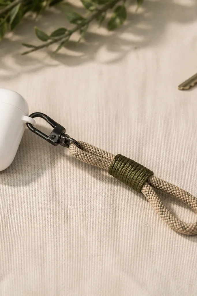 A braided rope bracelet-style holder with a small carabiner clasp, designed to clip onto an AirPods case or keys.