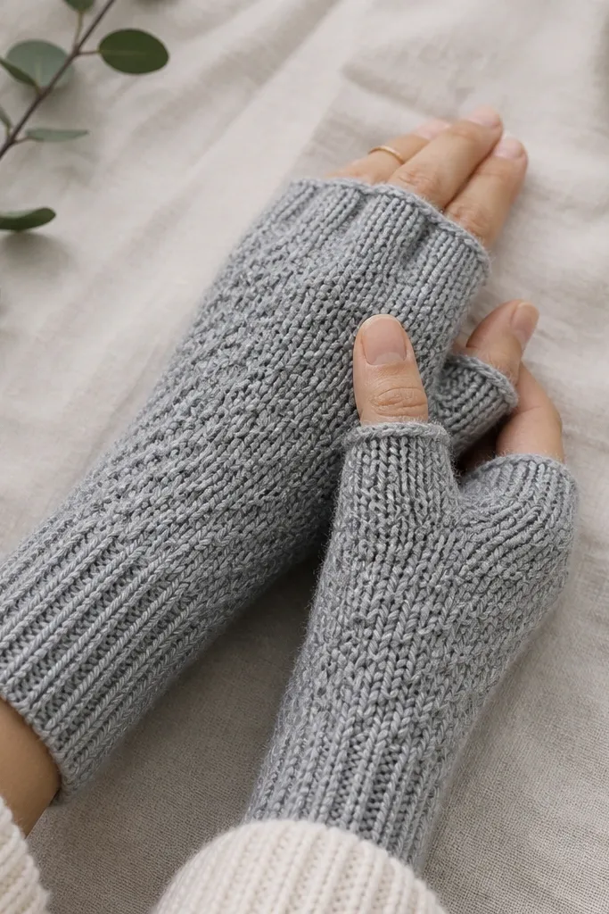 A pair of fingerless gloves in heather grey knit with a ribbed cuff, textured knit pattern on the back of the hand, and a thumb opening.