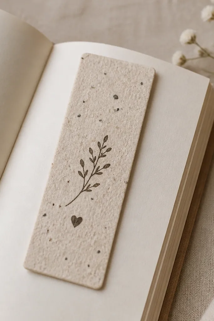 A small rectangular bookmark made from speckled seed paper in tan, with a simple stamped message and tiny seed flecks visible throughout.