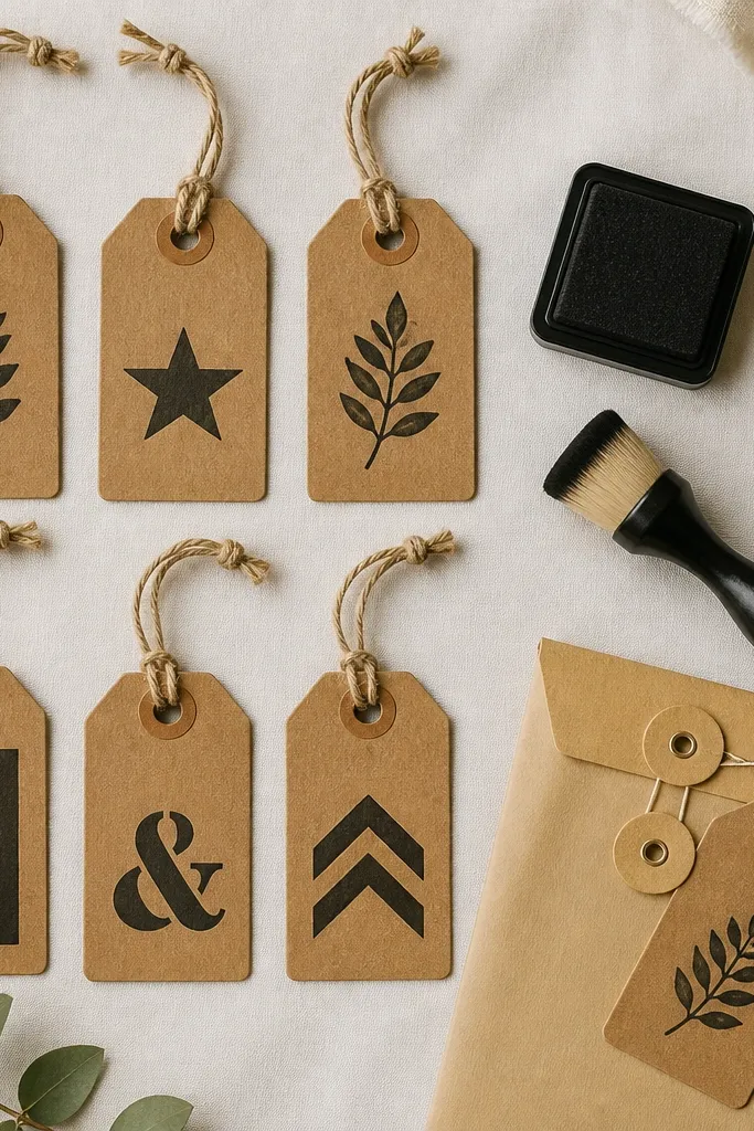 A flat lay of six kraft paper luggage-style tags with crisp black stenciled lettering, each tag tied to a small twine loop. A small ink pad and a stencil brush sit beside them, with one tag shown attached to a small manila envelope.
