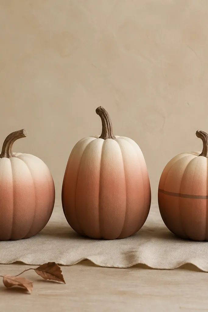 A row of three pumpkins painted in a soft ombre. The tops are warm cream and fade down to dusty terracotta and then muted brown. The surface looks matte and velvety, with no visible brush streaks. One pumpkin has a thin painted band near the middle in a slightly darker shade.