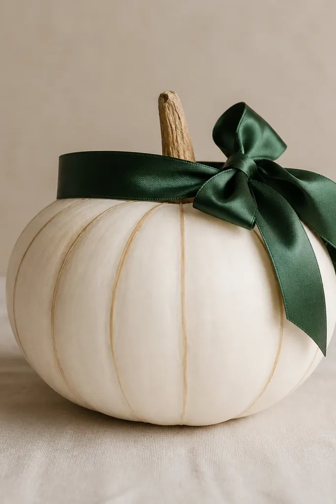 A single pumpkin with a thick ribbon wrapped around the stem area. The ribbon is a deep green satin with a small bow on one side. The pumpkin body is a simple off-white with thin hand-painted lines that imitate natural pumpkin ridges.