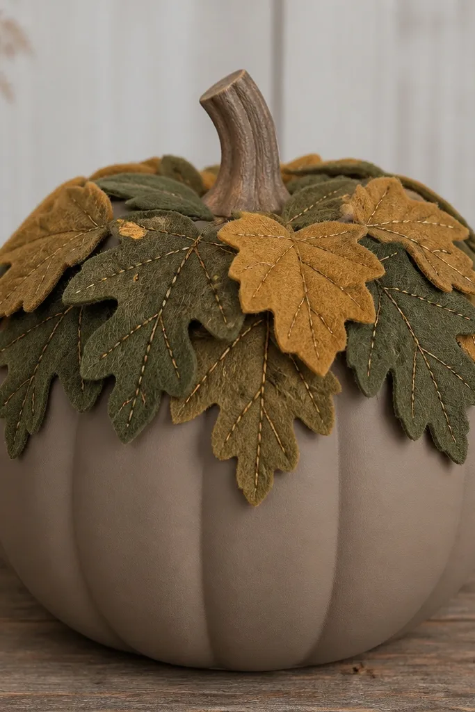 A pumpkin with layered fabric leaves arranged like a wreath across the top third. The leaves are olive and muted gold felt, with stitched veins. The pumpkin base is a solid matte taupe with crisp edges where the fabric meets the paint.