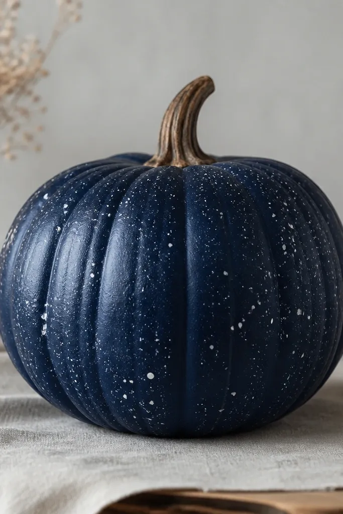 A pumpkin painted deep navy with light off-white speckles. There are small controlled drips near the sides, and the speckles look like tiny dots rather than splatters. The stem is left natural and slightly darkened.