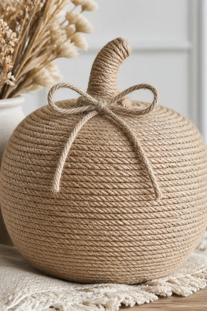 A pumpkin wrapped in natural jute rope spiraling from bottom to top. The seams are tight and even. The stem is wrapped too, and there's a small bow made from jute twine at the front.