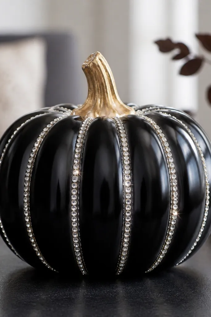 A pumpkin with clear rhinestone-like tape tracing the vertical ridges. The pumpkin body is painted glossy black, and the tape lines up straight down each ridge. The stem is painted gold, and the whole thing sparkles in a small indoor light.