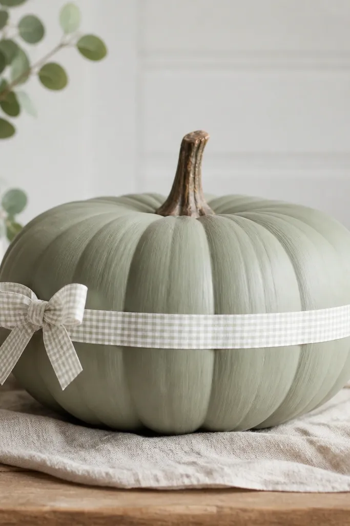 A pumpkin painted soft sage matte, with a thin band of white micro-check fabric wrapped around the middle. The band is straight and neat, and there's a tiny fabric bow on the left side. The pumpkin ridges are still visible under the paint.