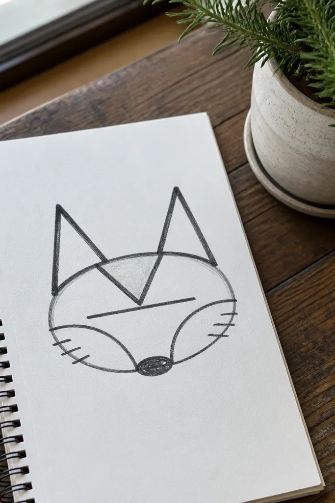 Minimal fox face with triangular ears and two dark eyes on white paper