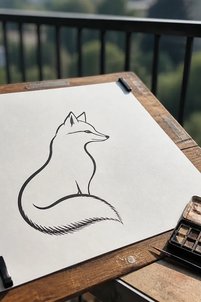 Side-facing fox head and body with a single flowing tail line