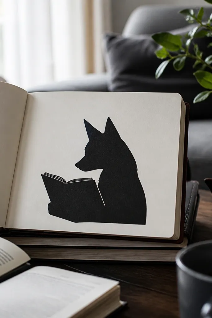 Fox silhouette sitting with a small open book in front