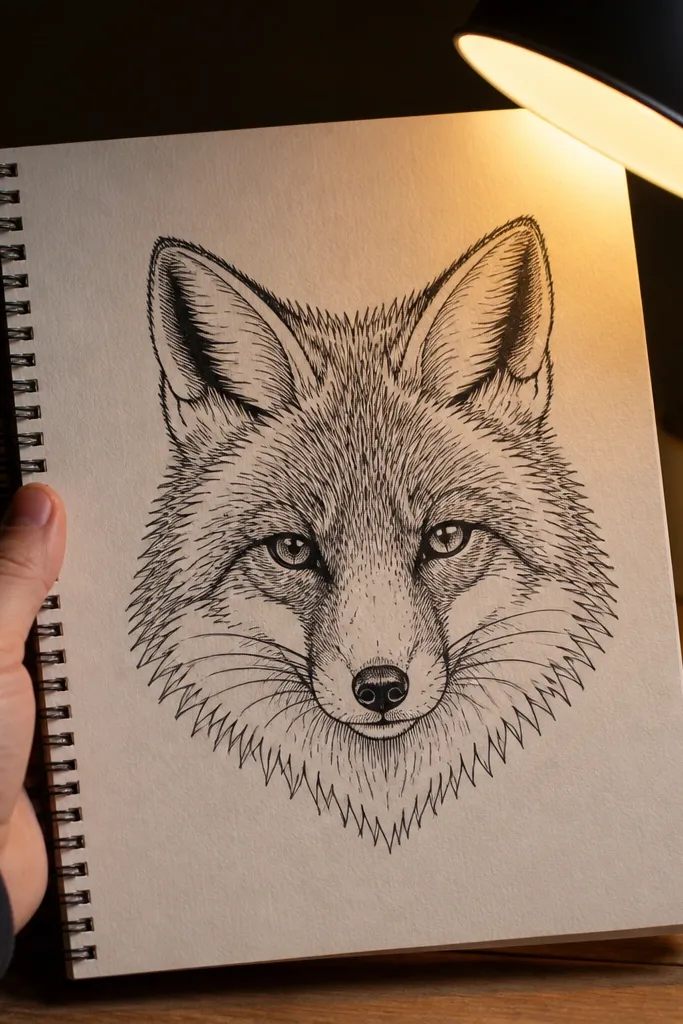Fox head where fur is shown by blank triangular gaps along the outline