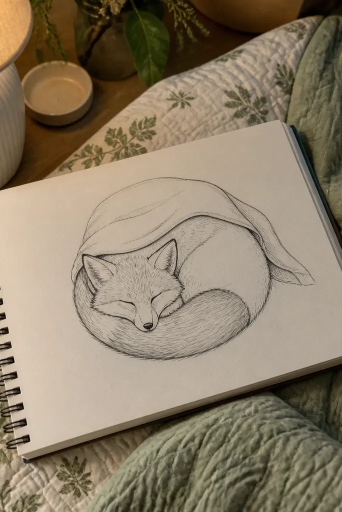 Sleeping curled fox under a blanket with three simple fold lines