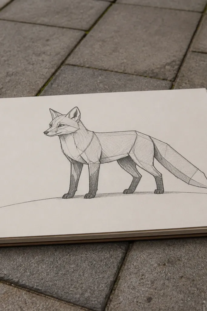 Standing fox on a simple ground line with one paw visible