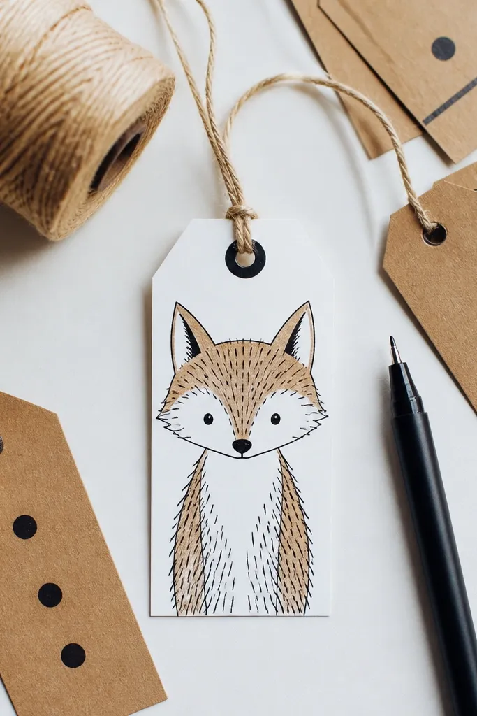Fox head with two hanging tags and a few patterned fur strokes
