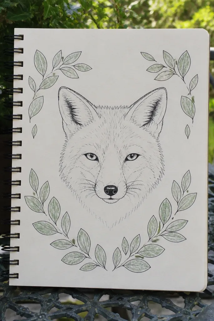 Fox face surrounded by a few leafy shapes forming a frame