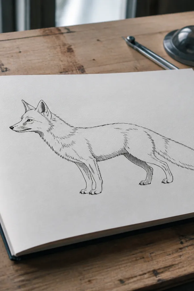 Standing fox with a crosshatched shadow patch under its body