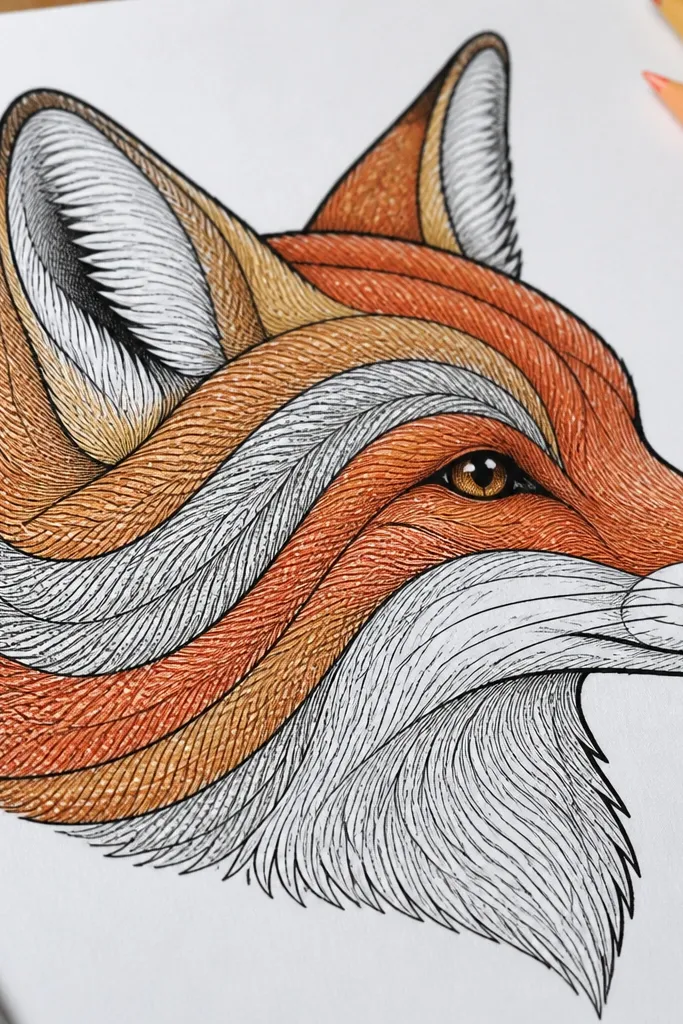 Fox head with fur suggested by three repeating bands across cheeks