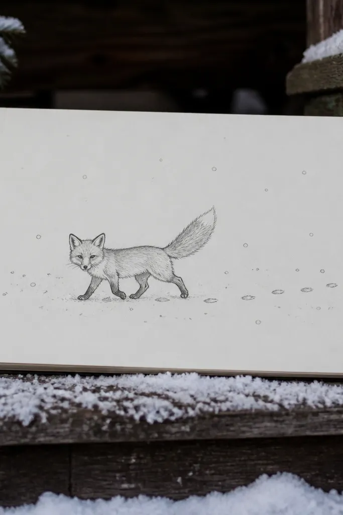 Fox stepping forward with scattered snow dots and small paw prints behind