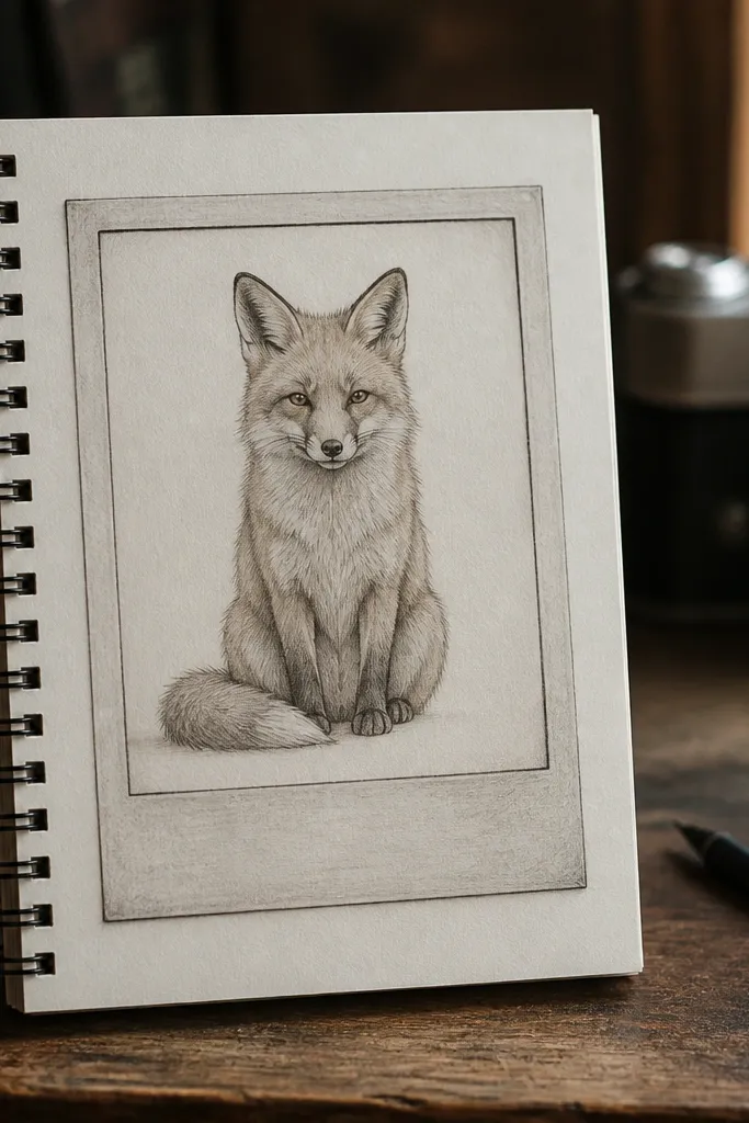 Fox face inside a tilted frame border with a simple caption strip