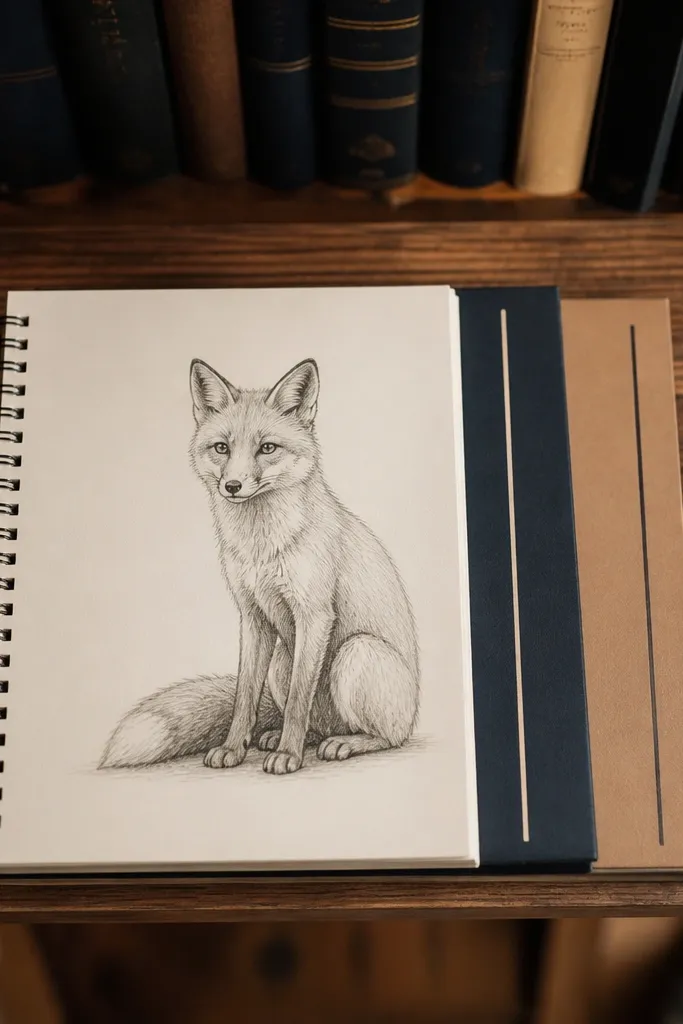 Sitting fox beside stacked book shapes with simple covers