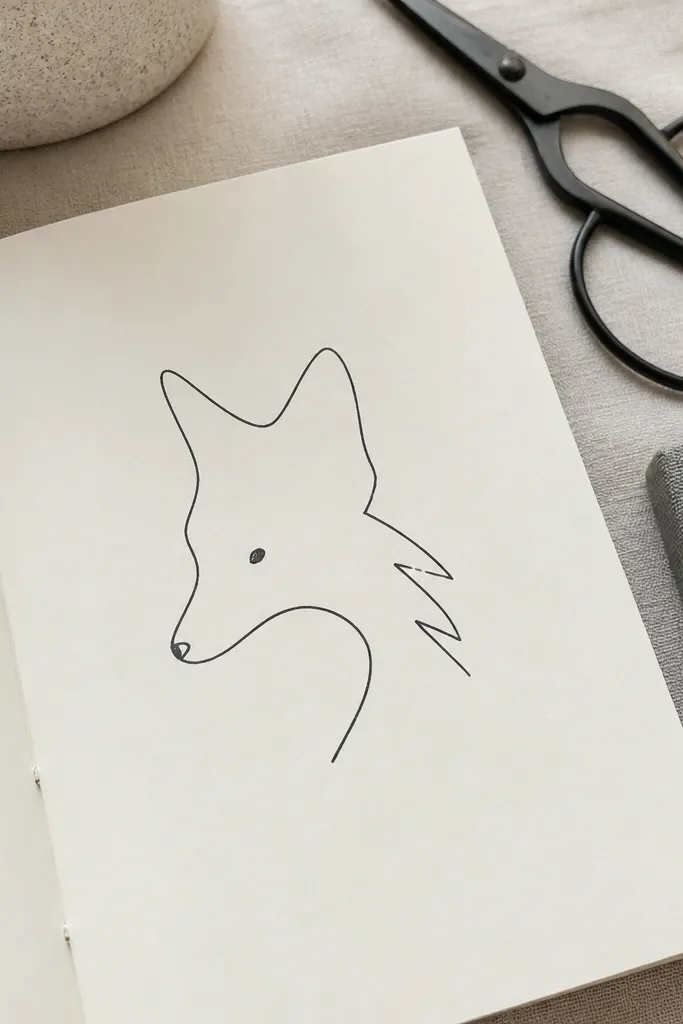 Fox head drawn with one continuous thin line and a dark eye dot