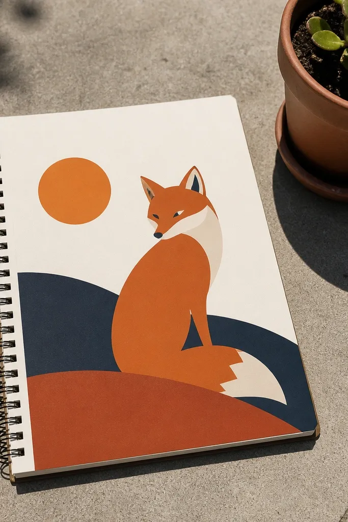 Fox silhouette sitting on geometric hills under a small sun circle