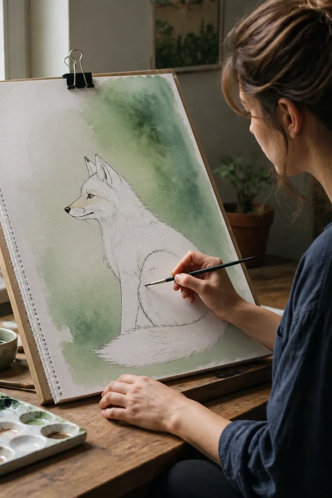 Watercolor wash behind a simple fox profile line drawing