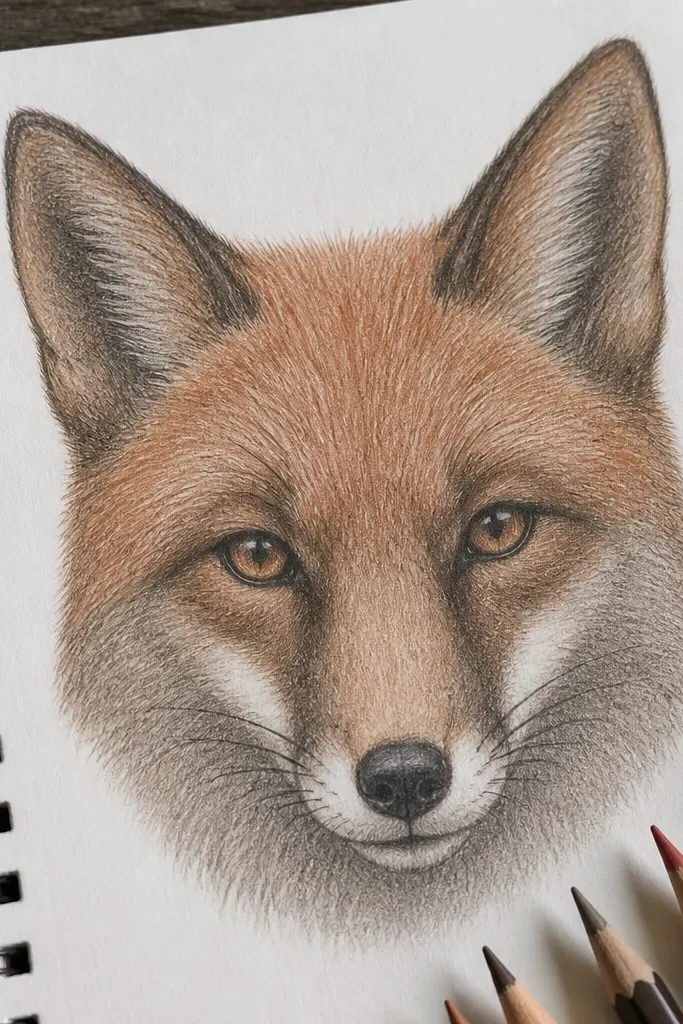 Fox head with two-tone fur blocks and clean colored pencil shading