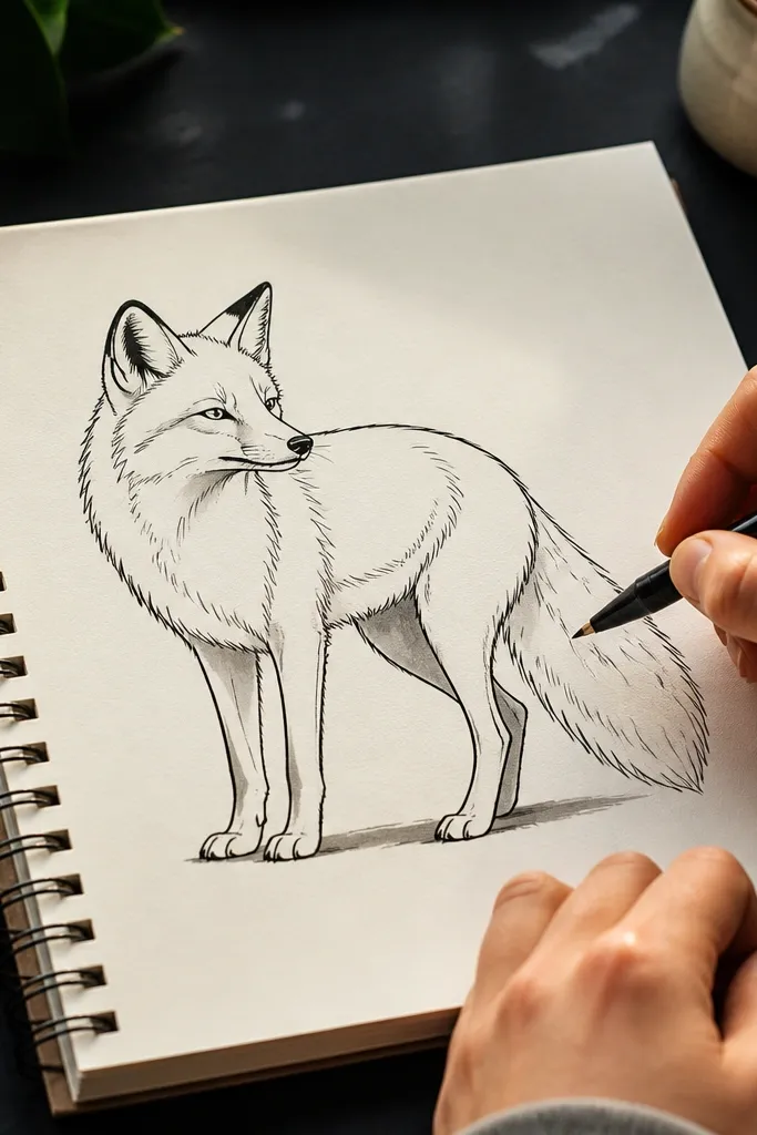 Fox drawing with clean ink outline and a single pencil shadow under the body