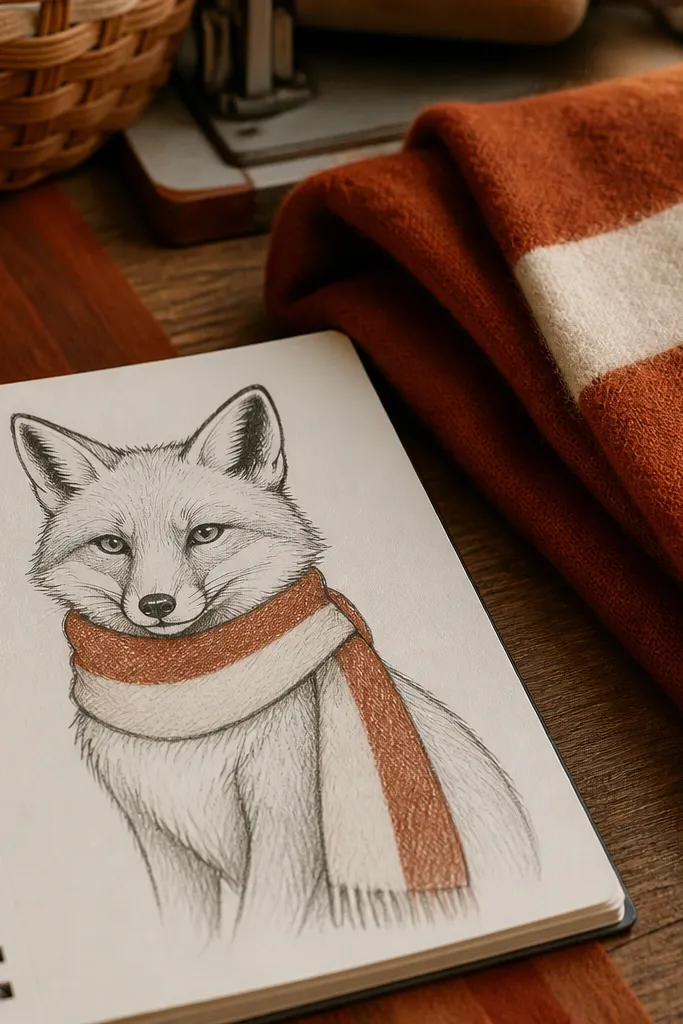 Fox wearing a scarf with one bold stripe pattern across the neck