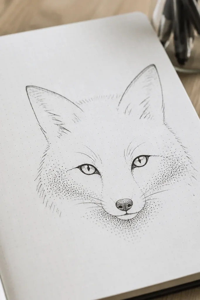 Fox face with stippled dots creating a soft cheek glow