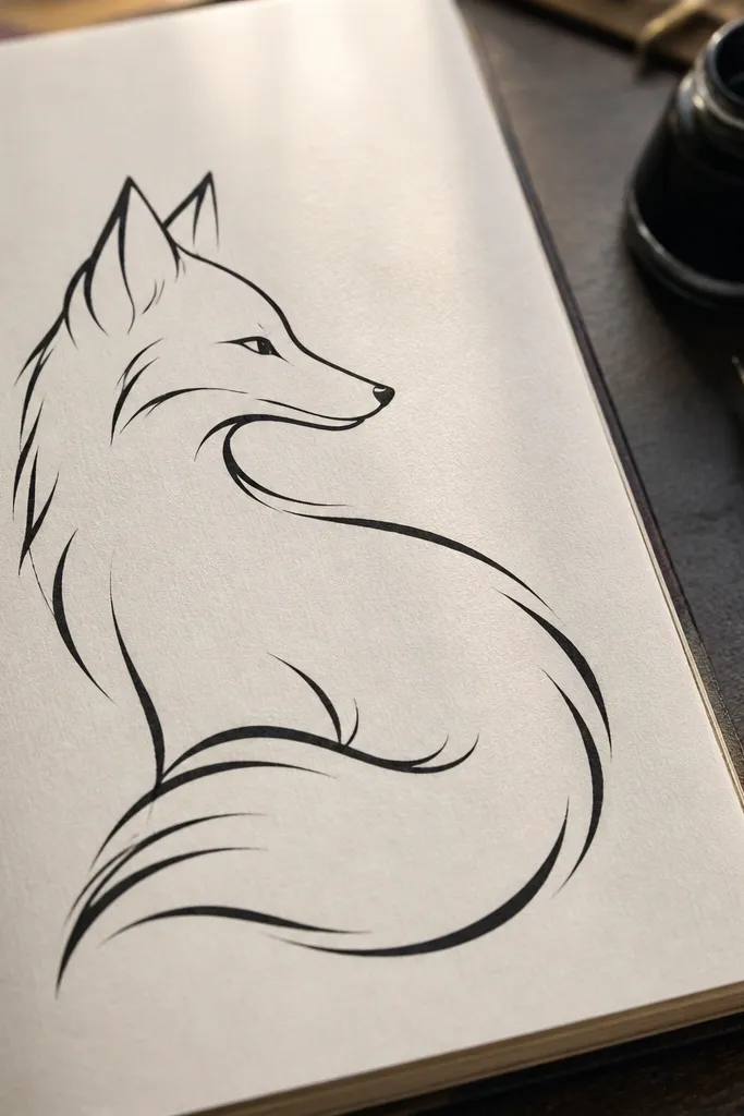 Side fox profile with a few flowing fur lines on tail and cheek