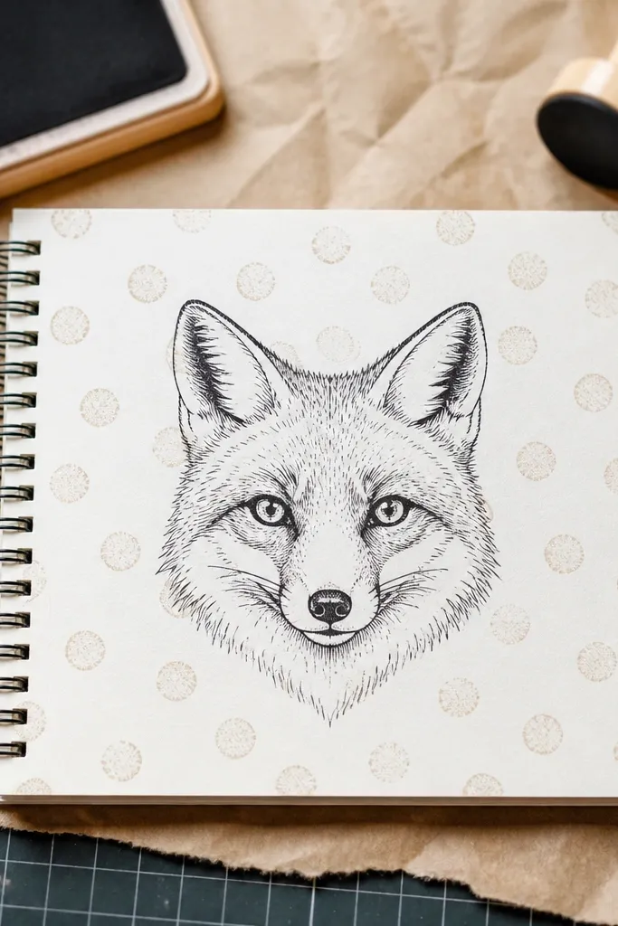 Fox face with repeated simple stamp-like circles behind it